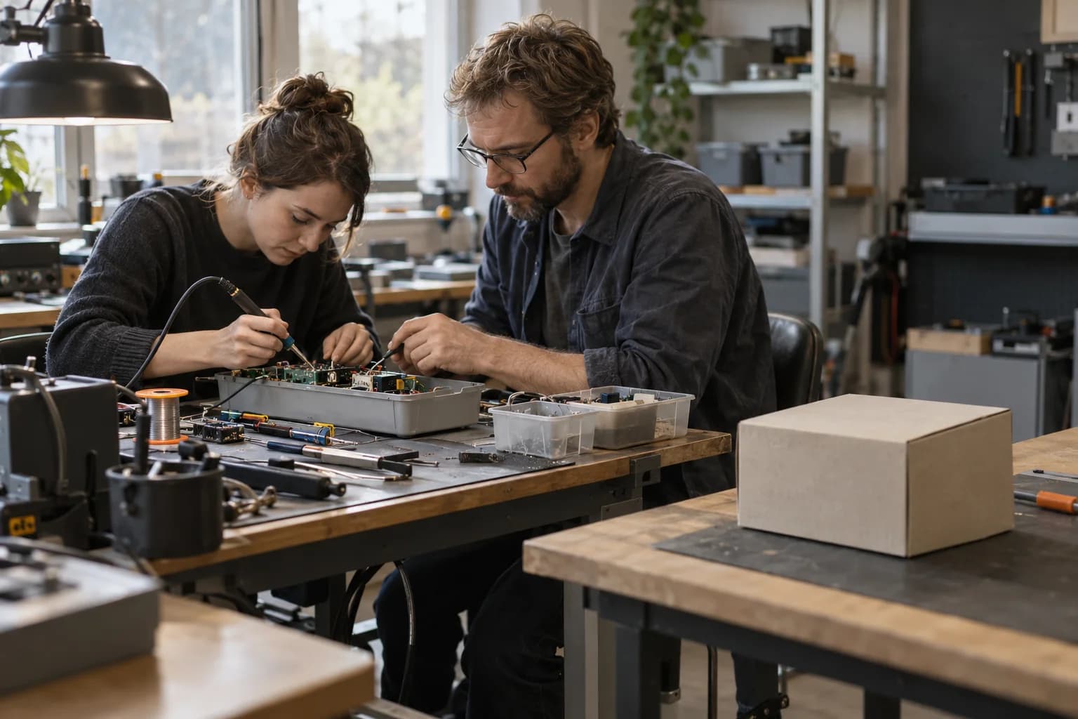 Two people work on an exposed circuit board with separate parts and a closed box on a nearby bench.