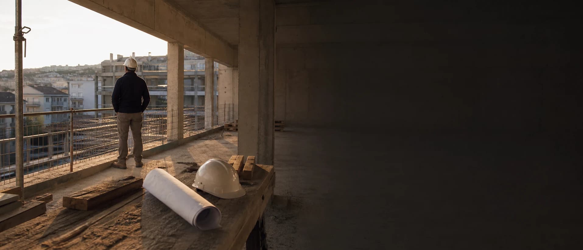 Site manager reviews the structure at the end of the working day.