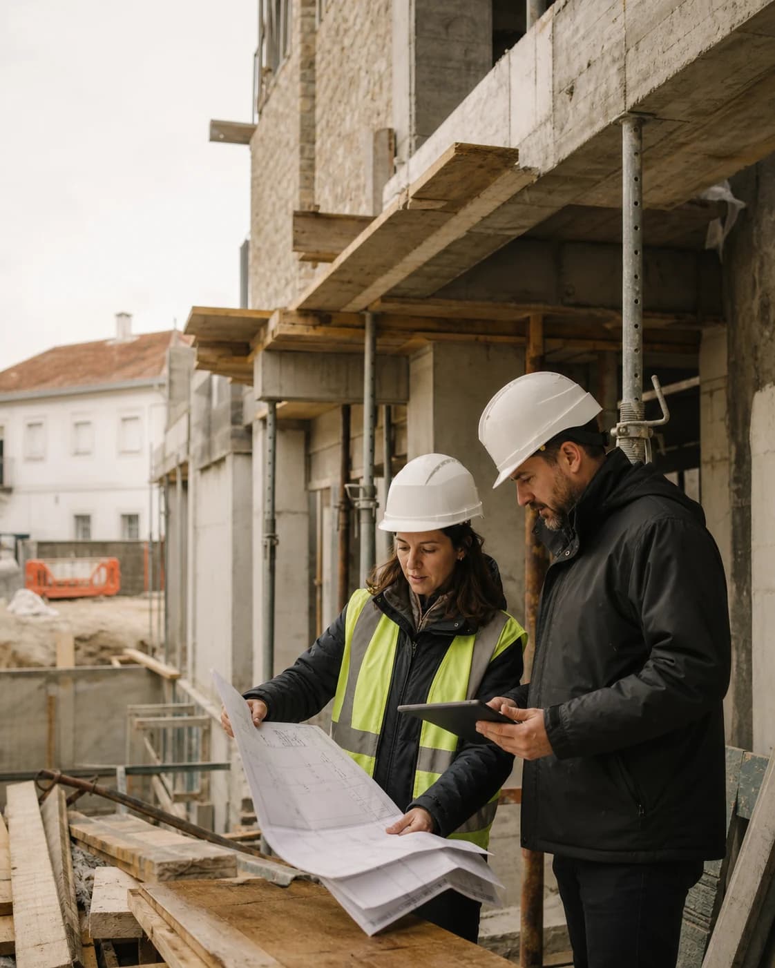Two site professionals review drawings and the state of a workfront.