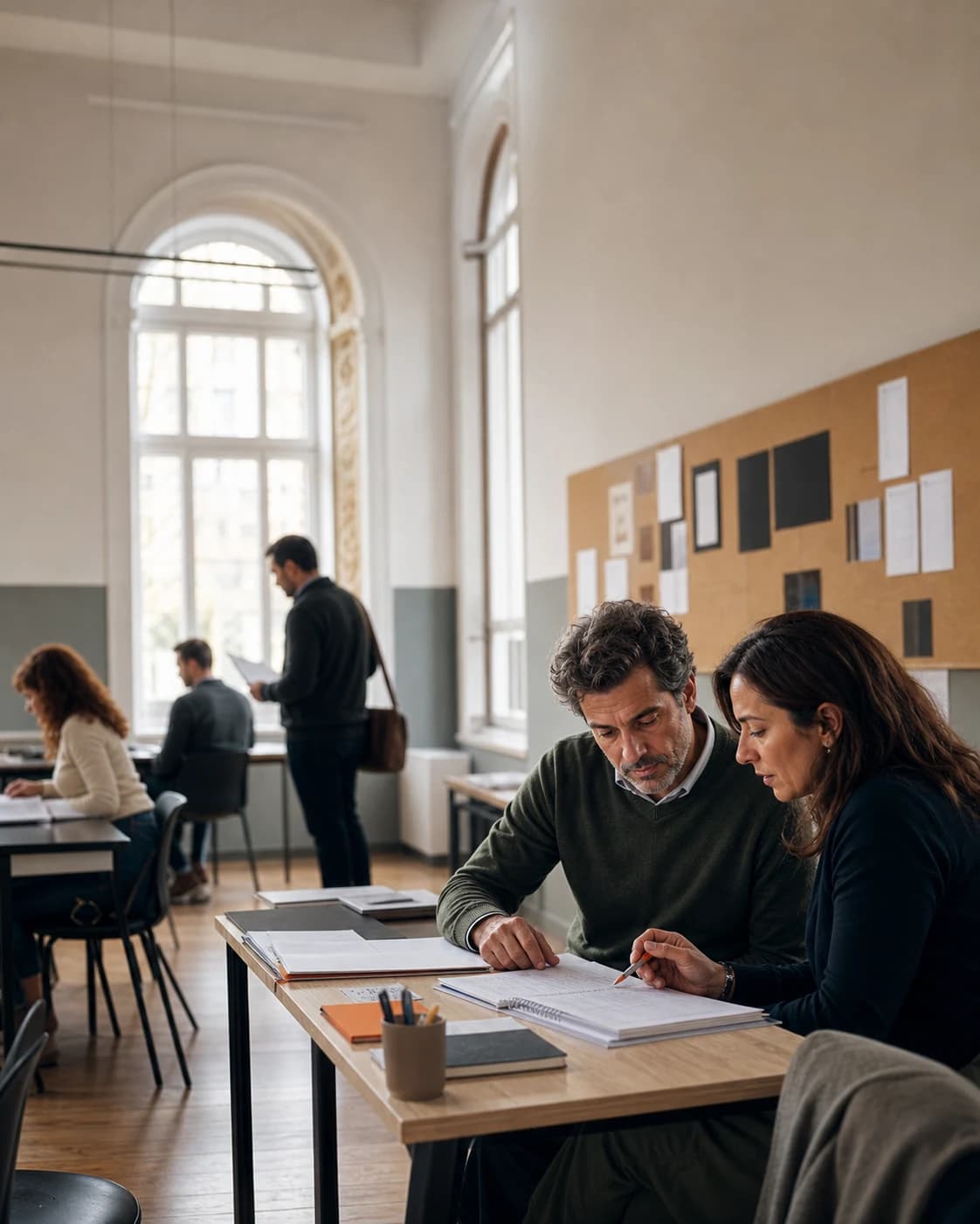 Two education professionals prepare the timetable and materials before a session.