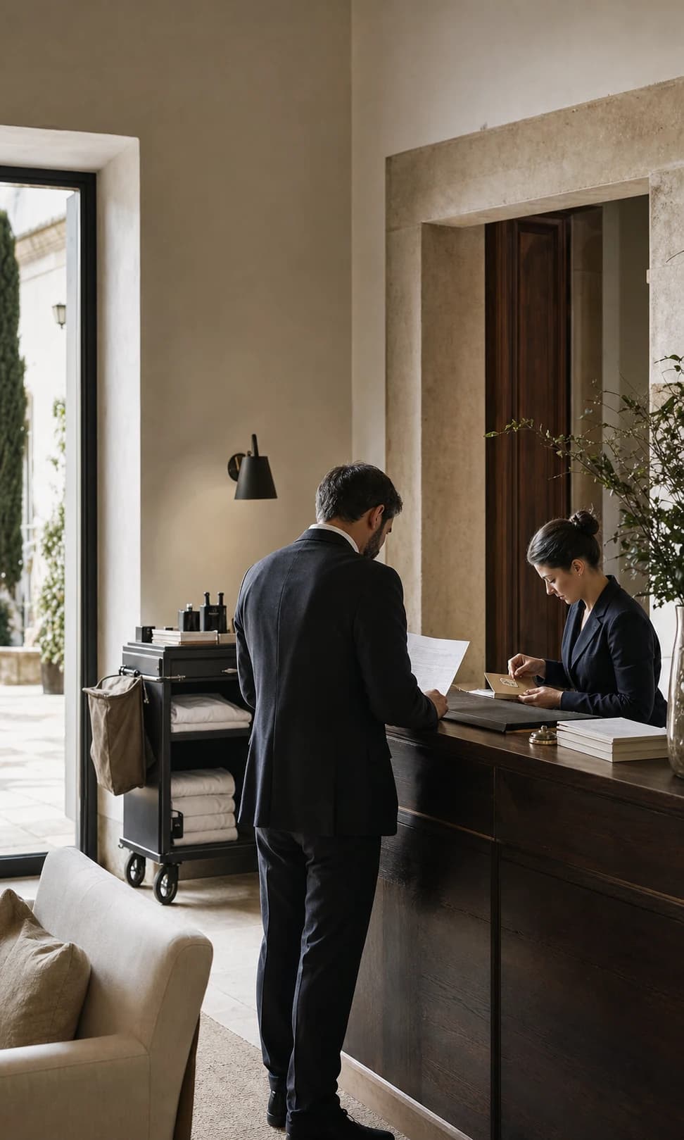 Two hospitality professionals coordinate arrival readiness at the front desk.