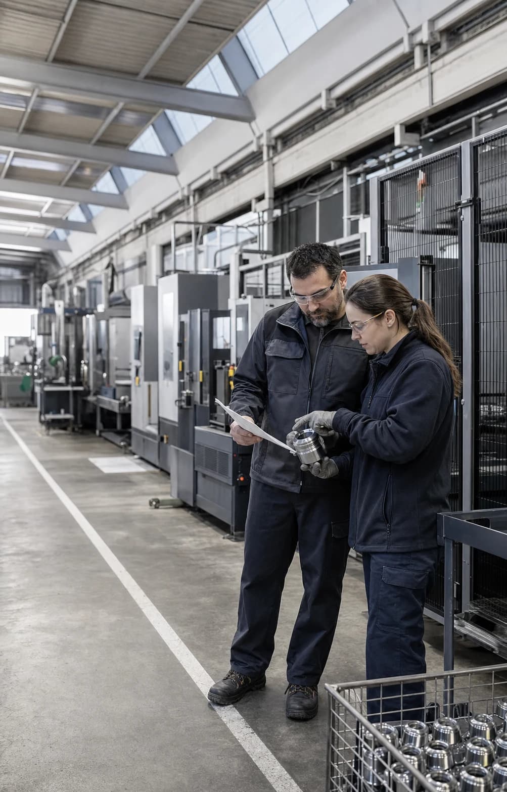 Quality technician and production supervisor review a component beside a guarded line.