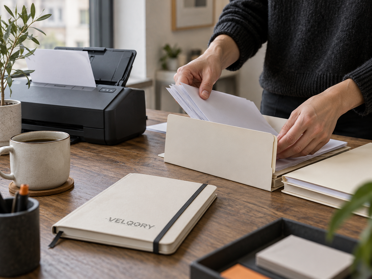 Documents being organised into folders beside a scanner. AI-generated illustrative image.