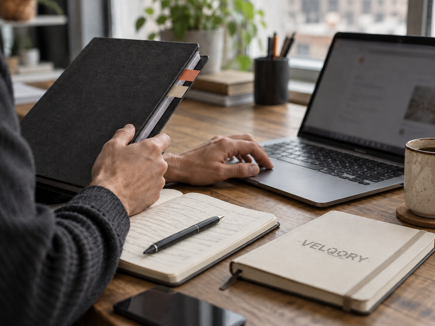 Consulting information sources at a desk. AI-generated illustrative image.