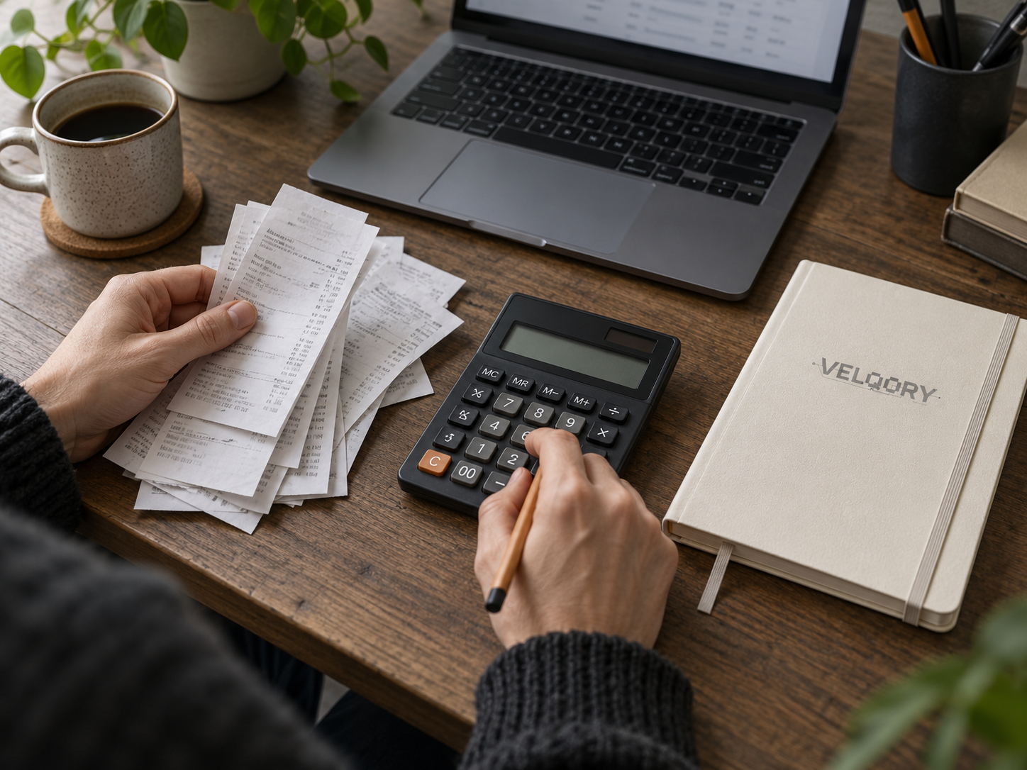 Reviewing receipts with a calculator and notebook. AI-generated illustrative image.